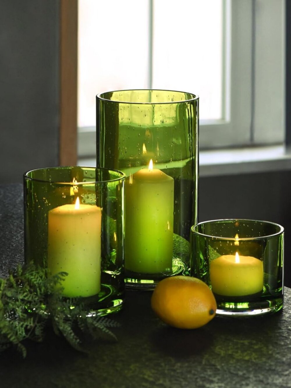 Set of 3 Spring Green Hurricane Candle Holders - Elegant Home Decor Accent